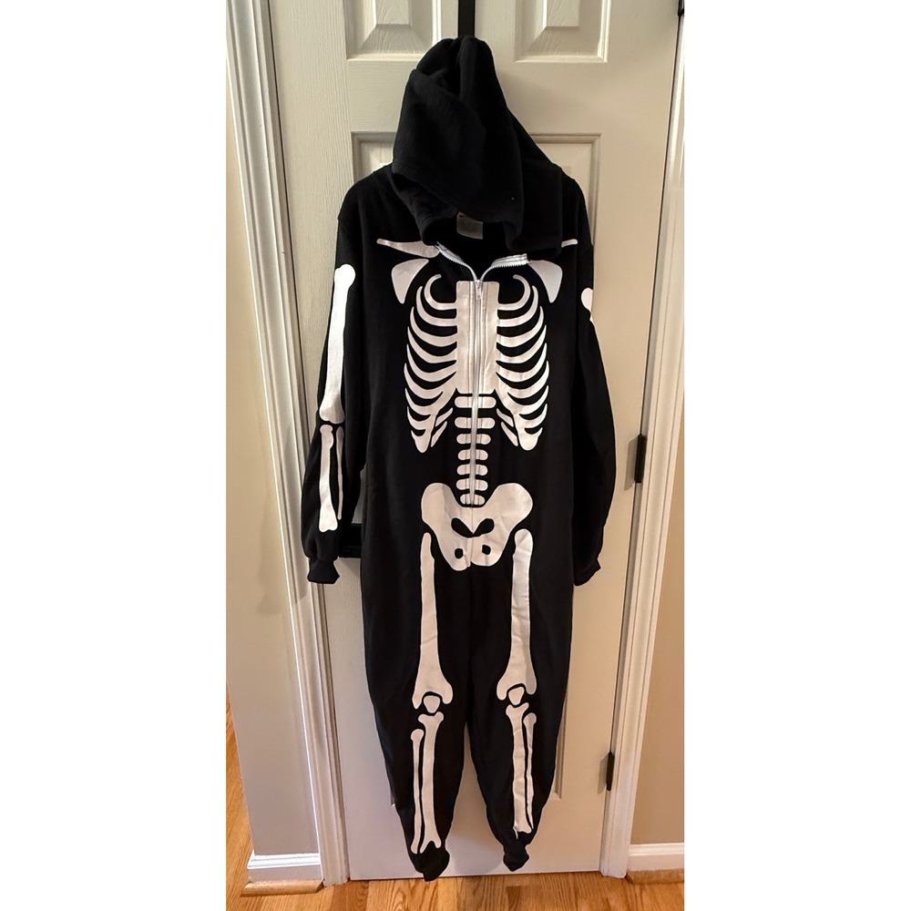 Spooktacular Creations Adult Skeleton Plush Hooded Jumpsuit Black White Small